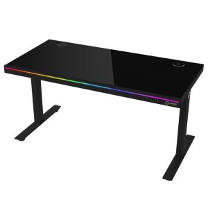 Stôl LORGAR s nastaviteľnou výškou, bezdrôtovou nabíjačkou, osvetlením RGB a portami USB, tvrdené sklo, čierny