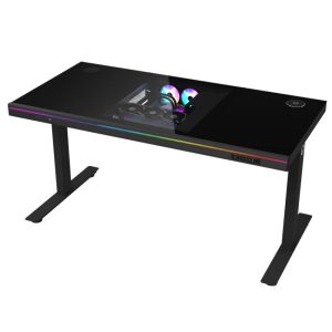 Stôl LORGAR s voliteľnou výškou, vstavanou PC skrinkou, bezdrôtovou nabíjačkou, portami RGB a USB, tvrdeným sklom