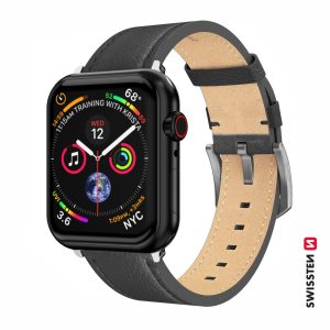 Kožený remienok Swissten pre Apple Watch 42–49 mm, čierny (strieborná spona)